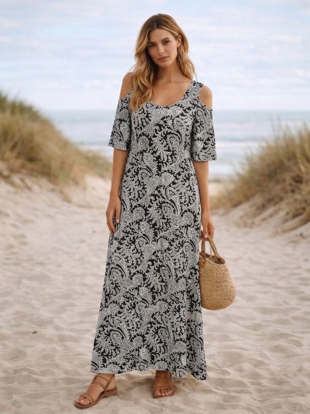 VINTAGE METROPOLITAN Cold Shoulder Maxi Dress